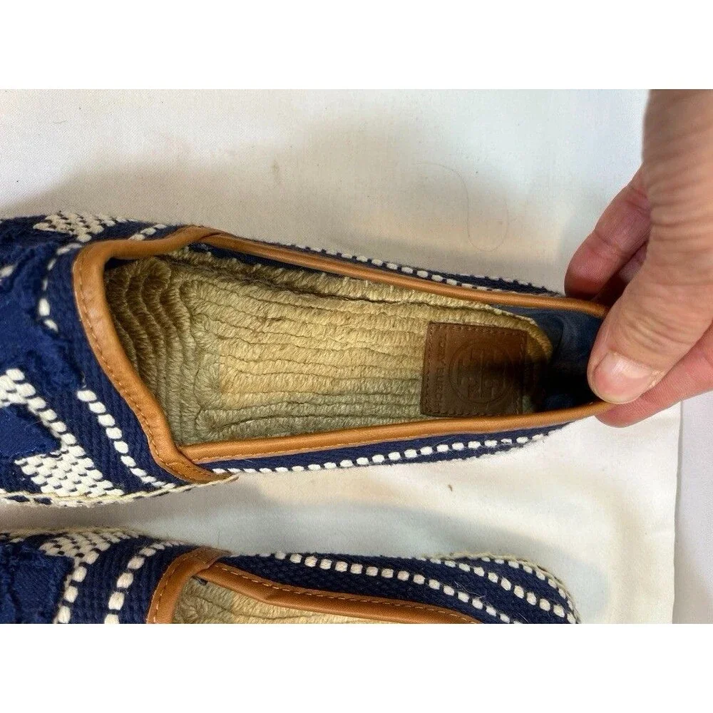 TORY BURCH SZ 8 1/2 COTTON /JUTE EPRIDRILLS SLIP ON SHOES WITH LOGO